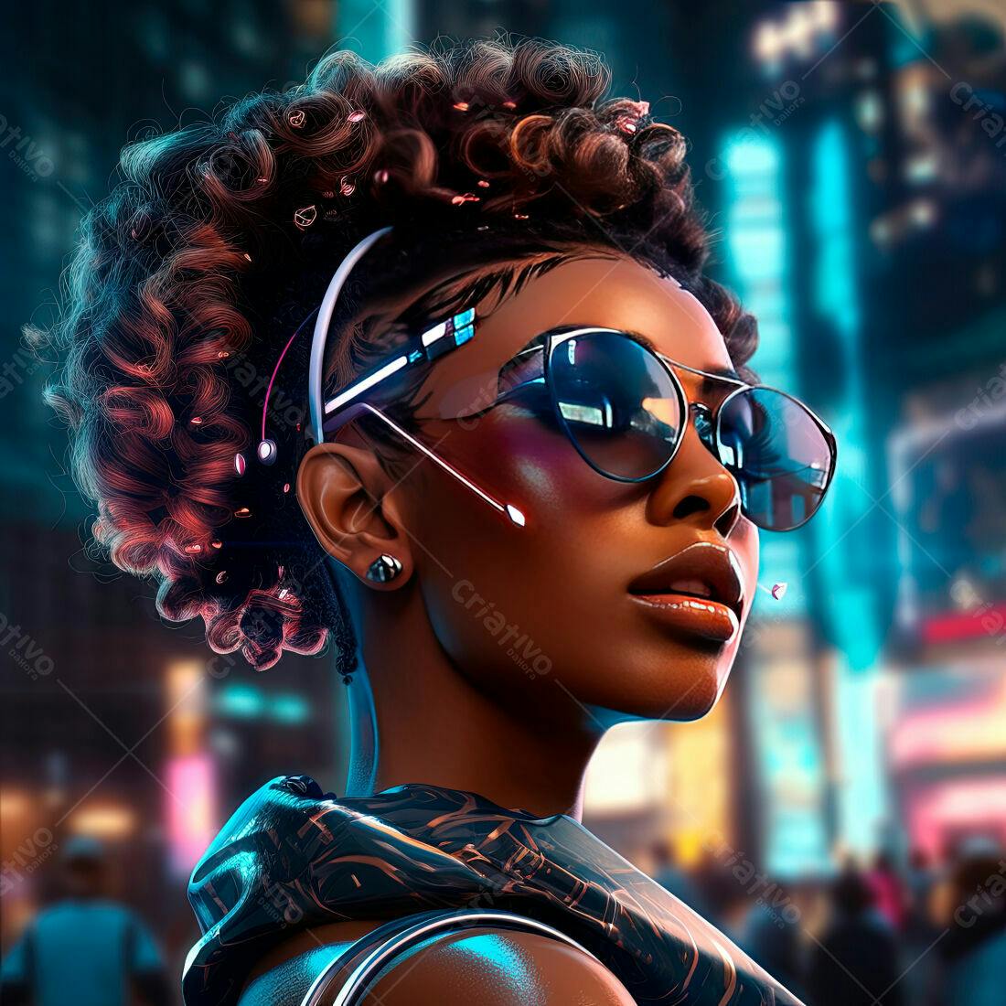 Mulher negra futurista em cidade noturna