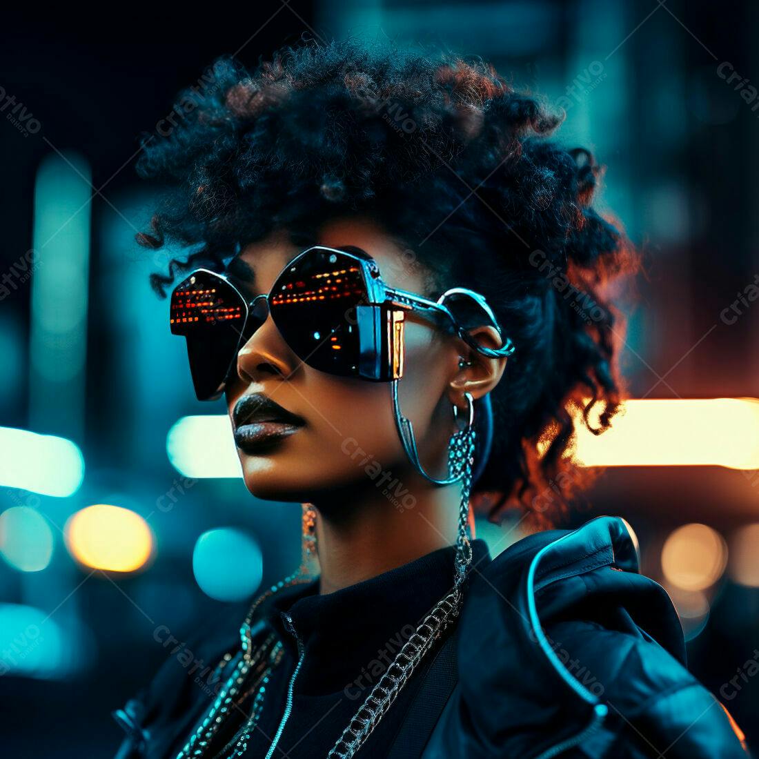 Mulher negra com óculos futuristas em ambiente noturno