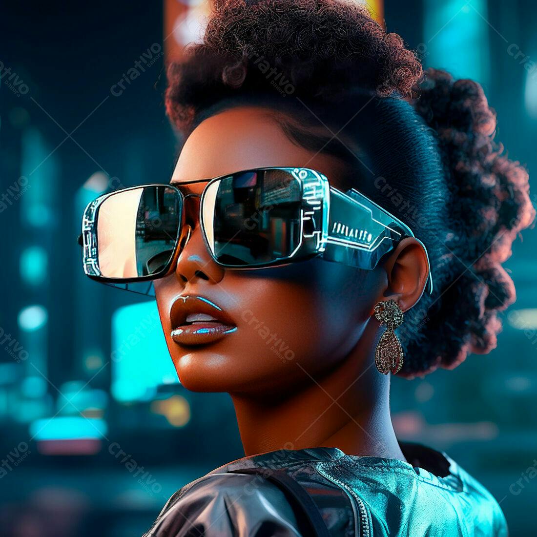 Modelo negra com óculos futuristas em cenário cyberpunk