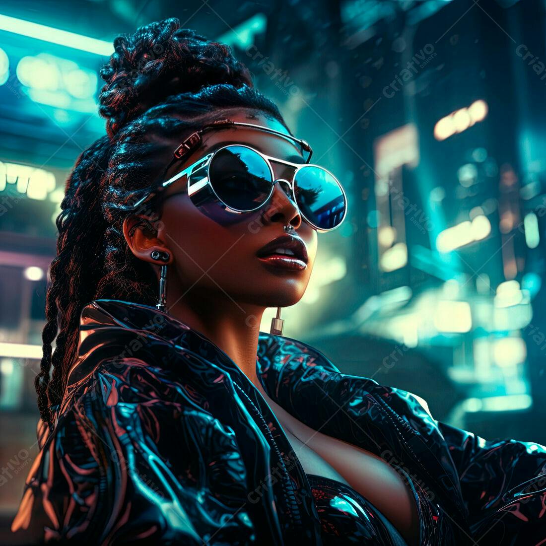 Mulher negra futurista em cidade noturna