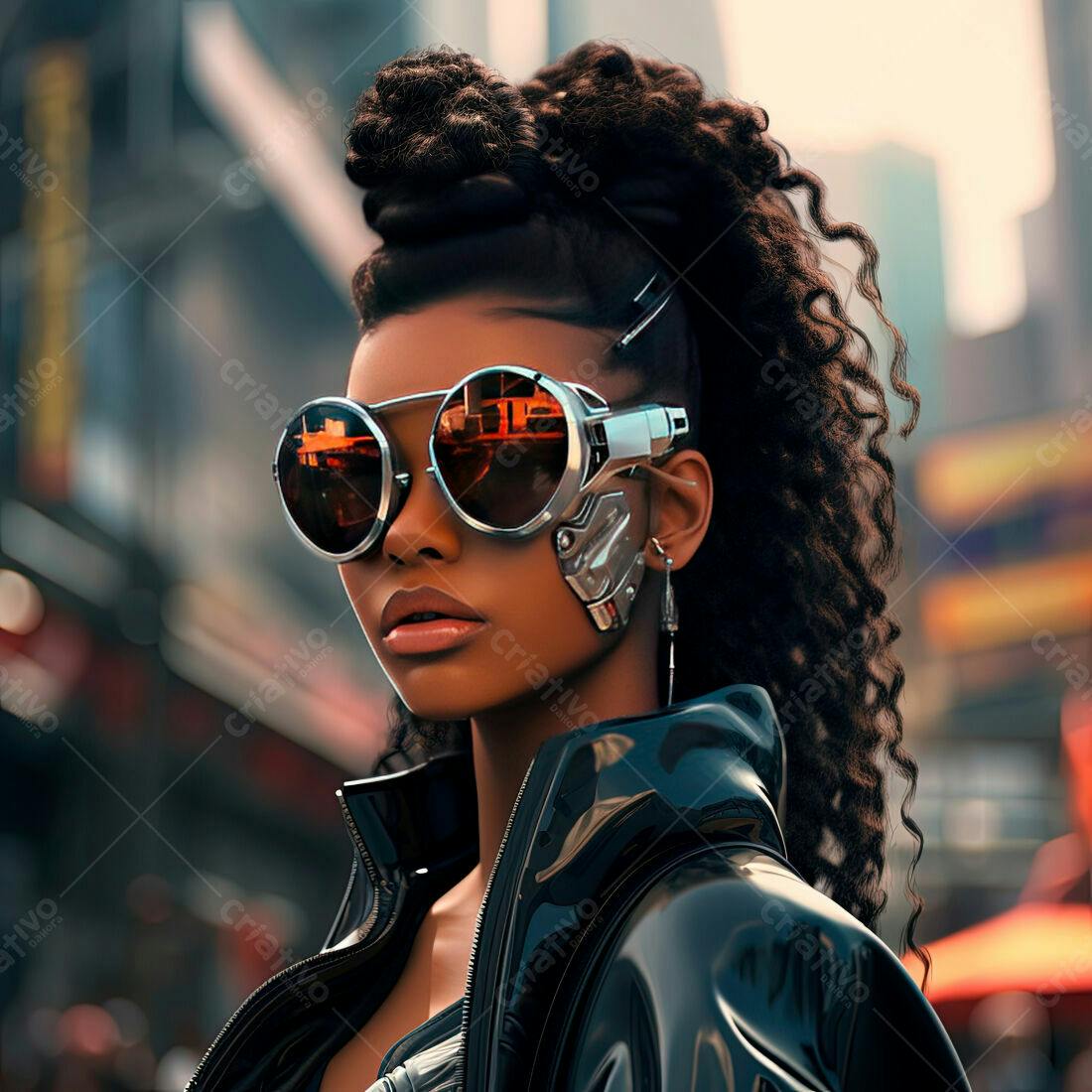 Mulher negra futurista com óculos tecnológicos