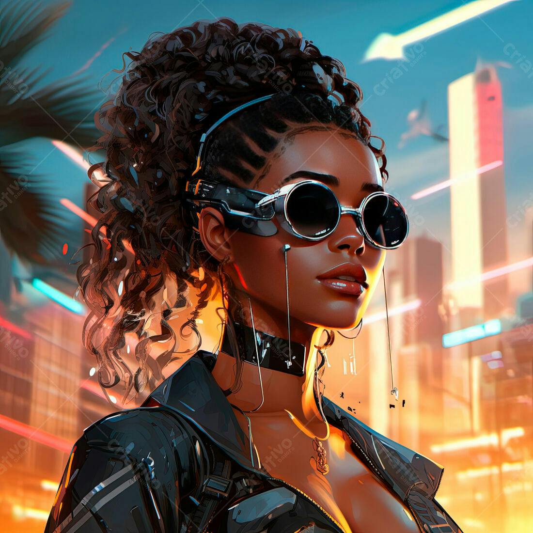 Mulher negra futurista em cidade neon