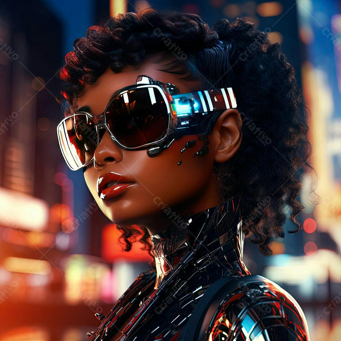 Mulher negra futurista com óculos escuros em cidade noturna
