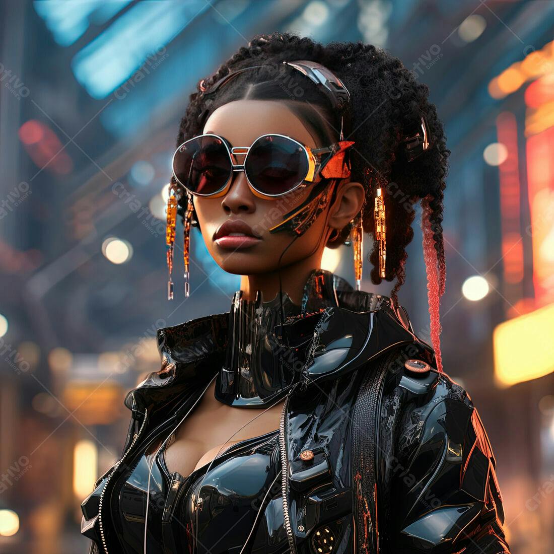 Cyberpunk Mulher Negra em Cenário Noturno