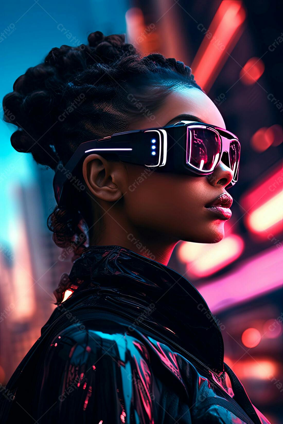 Mulher negra futurista óculos neon cidade noturna