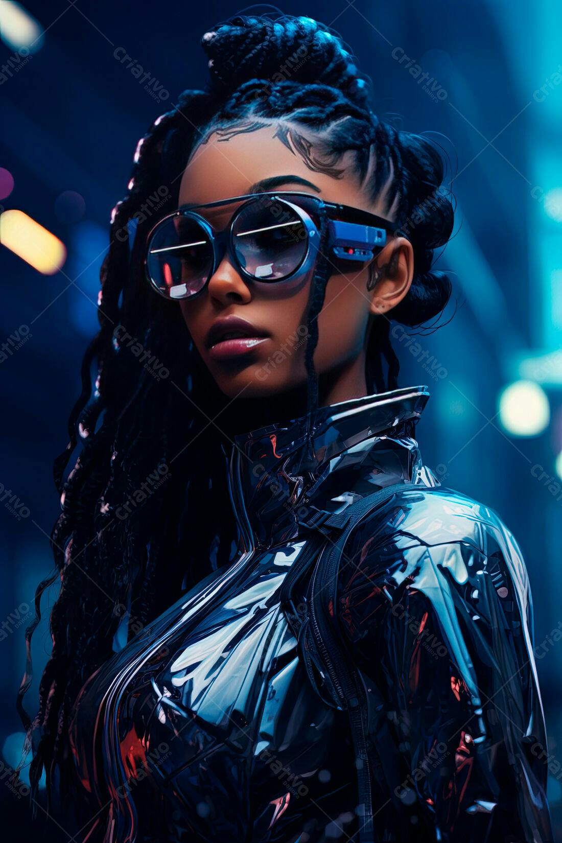 Modelo feminina futurista com óculos escuros