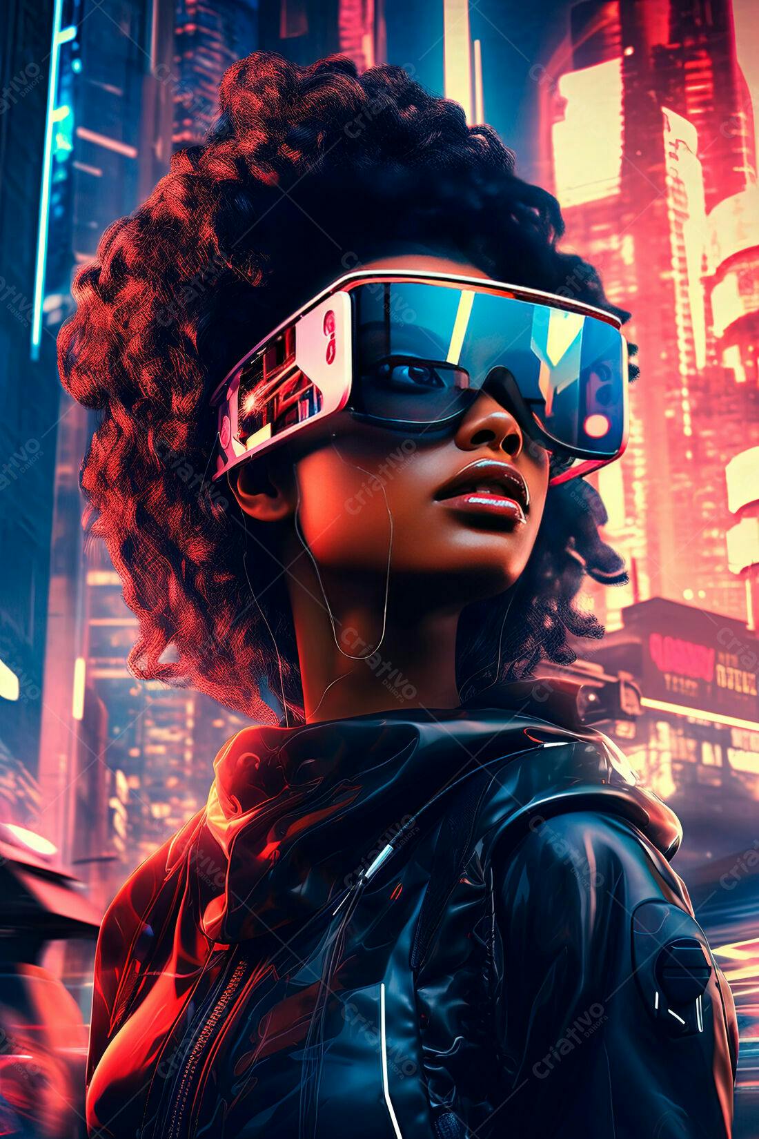 Mulher negra futurista com óculos cyberpunk