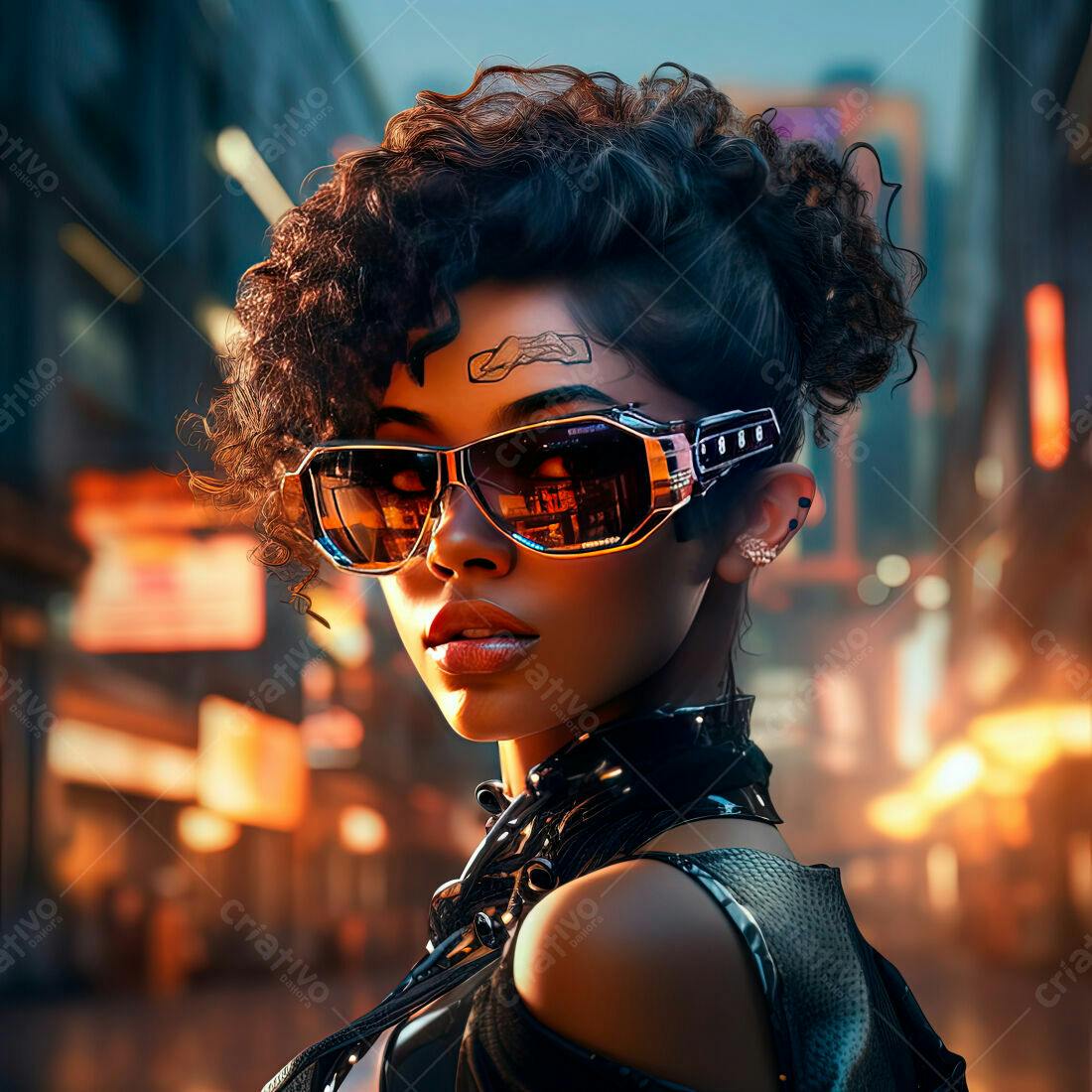 Mulher futurista com óculos escuros em cidade noturna