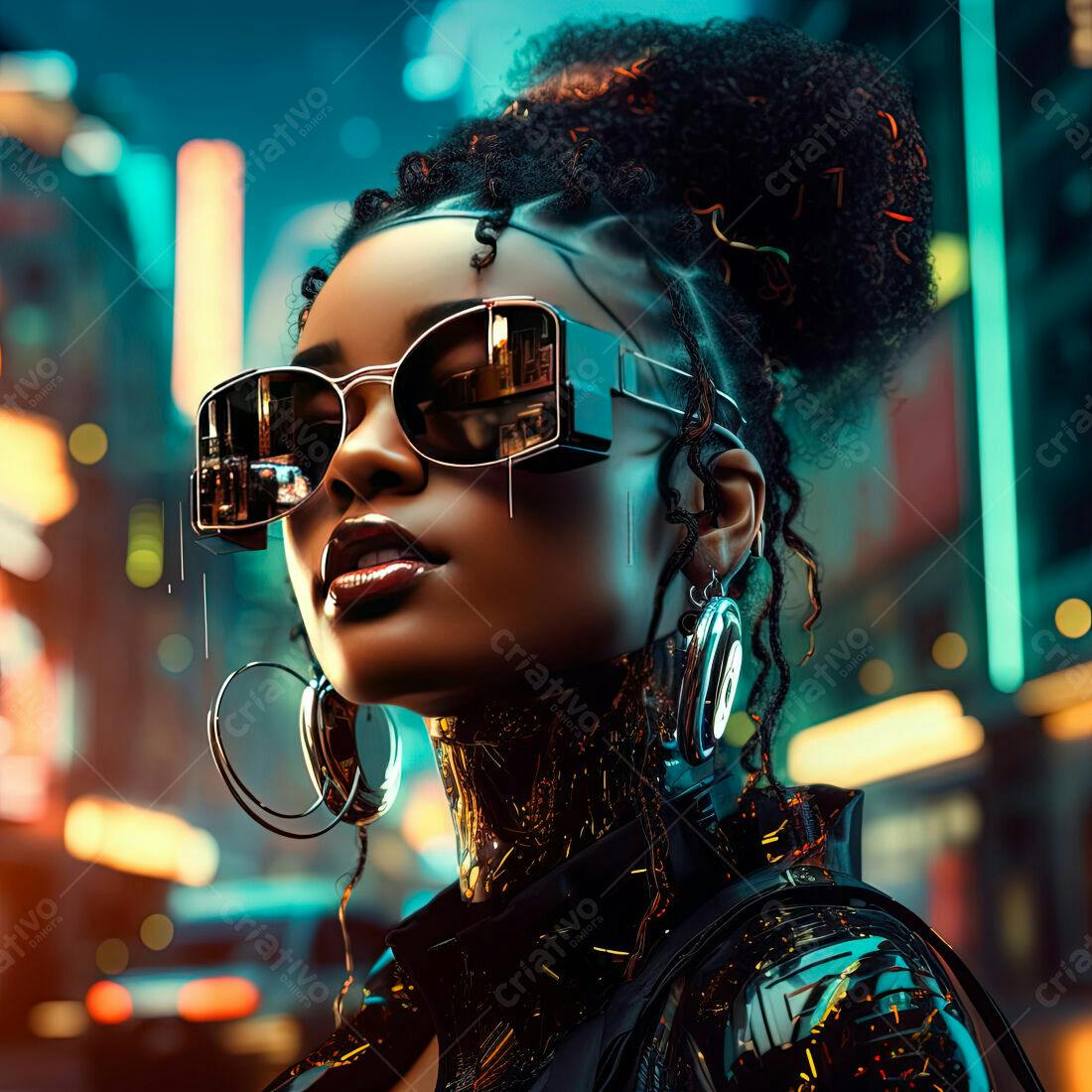 Mulher negra futurista em cidade noturna