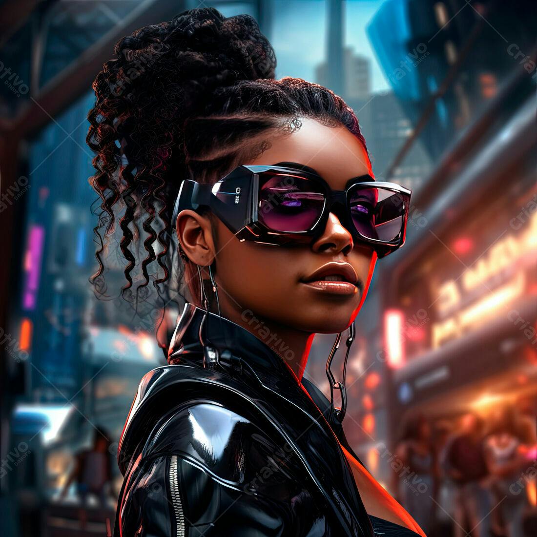 Mulher negra futurista em cidade noturna