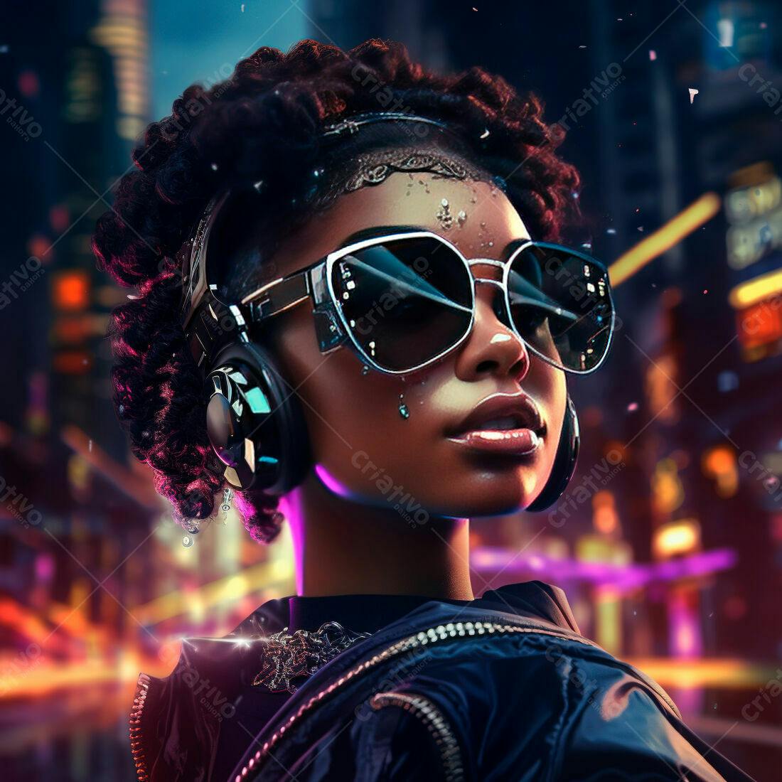 Mulher negra com fones e óculos escuros em cidade futurista