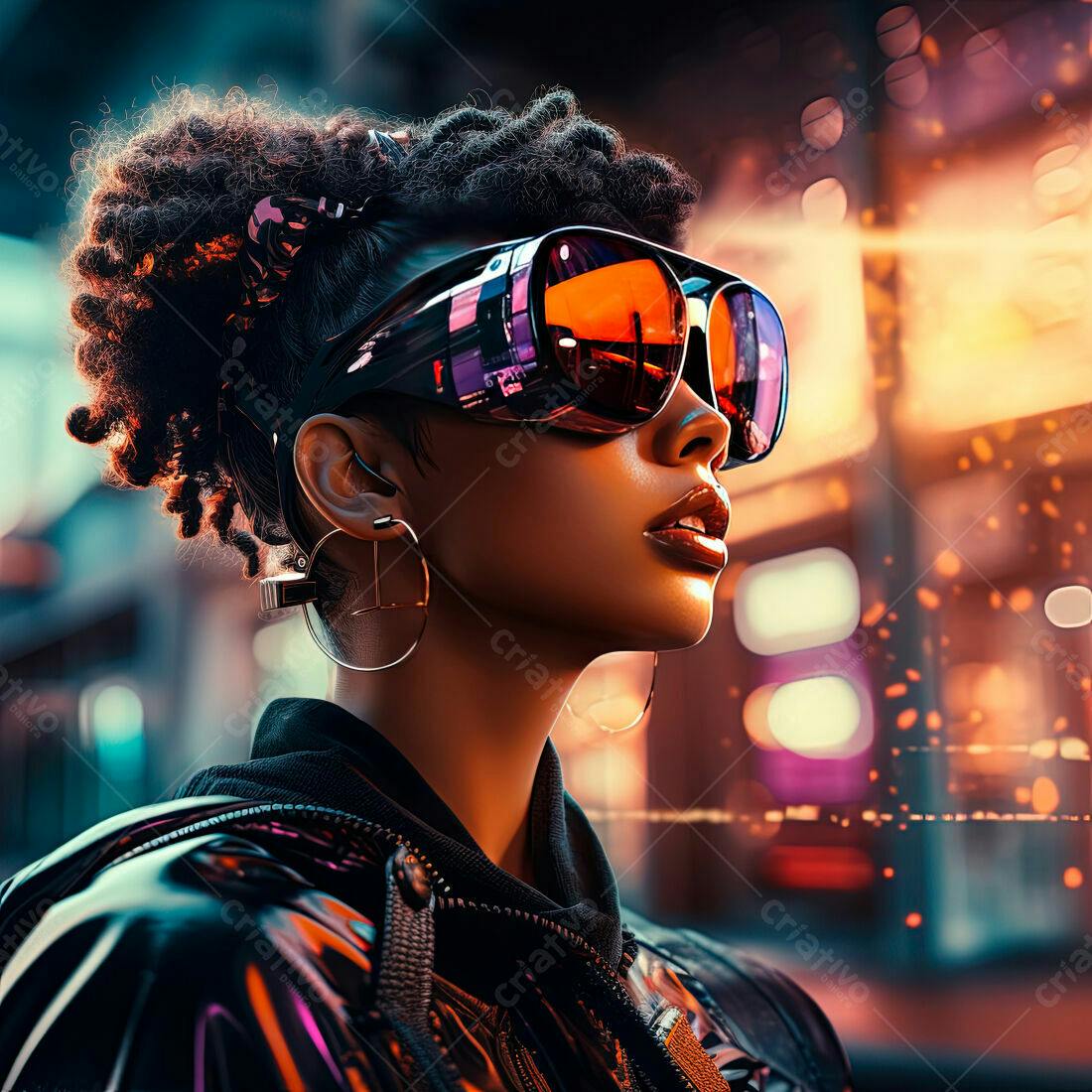 Mulher negra futurista em cidade noturna