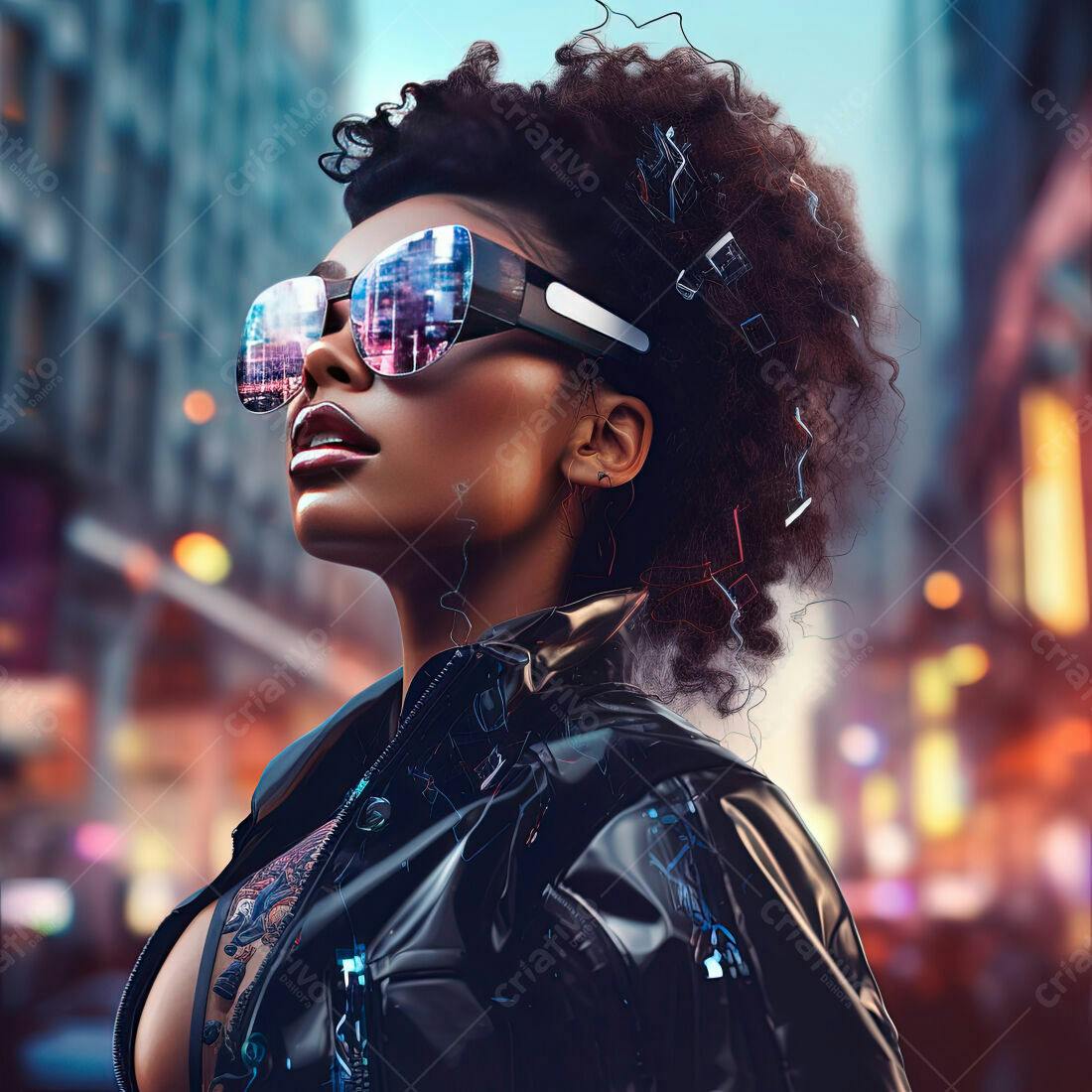 Mulher Negra futurista em cidade noturna