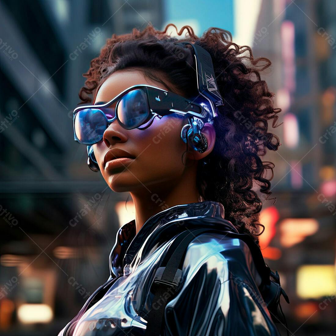 Mulher negra futurista com óculos tecnológicos