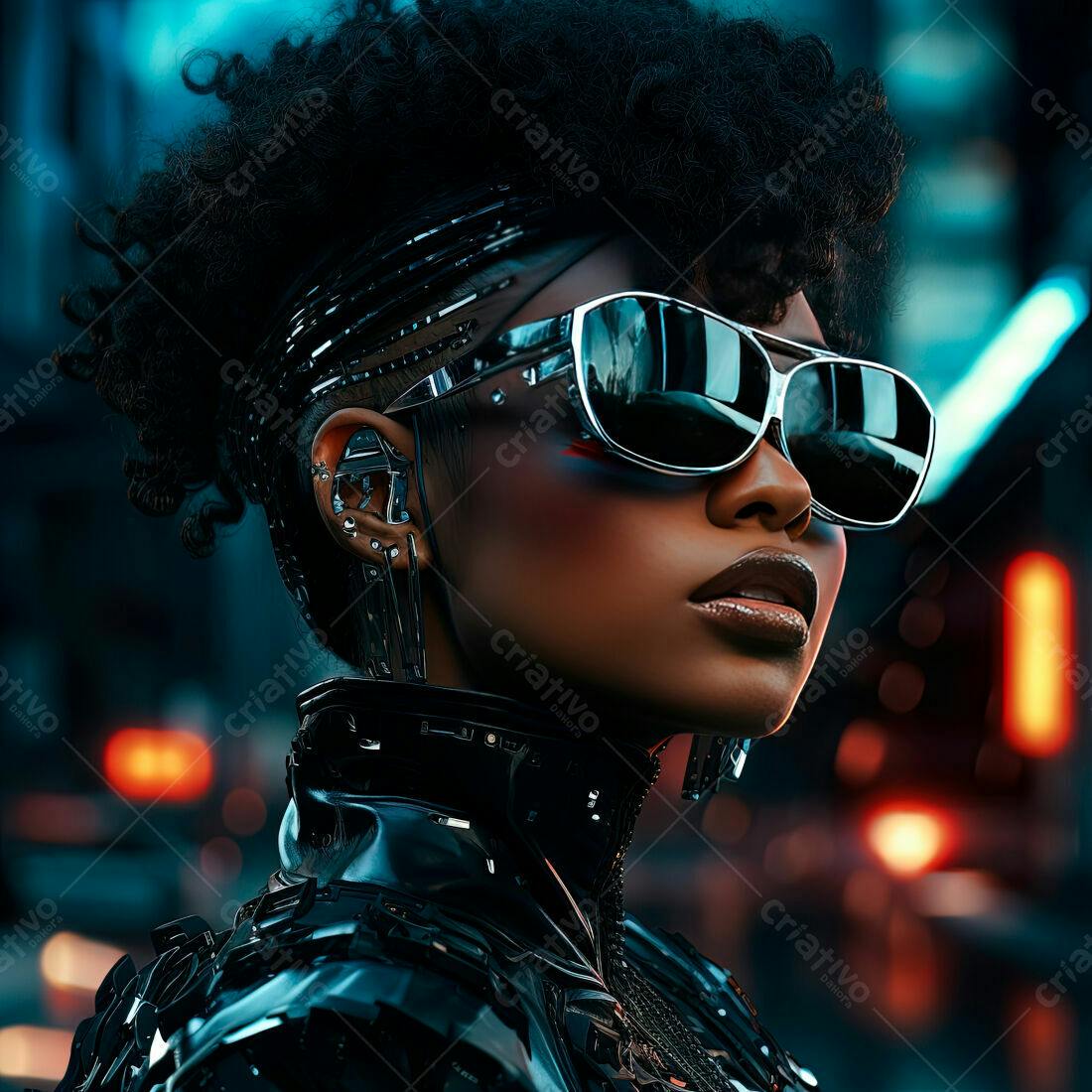 Mulher negra futurista com óculos escuros