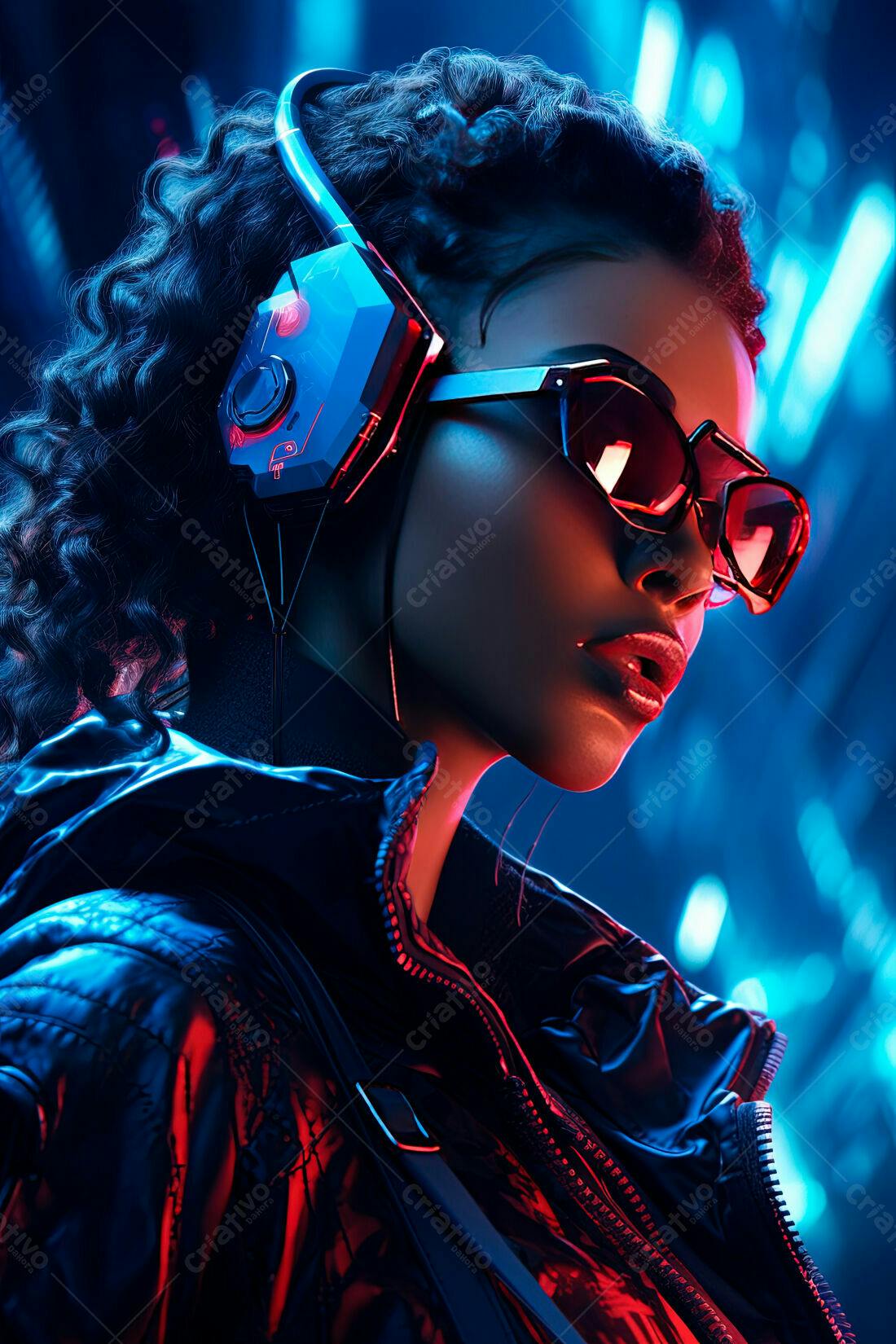 Mulher com fones escuros e óculos vermelhos