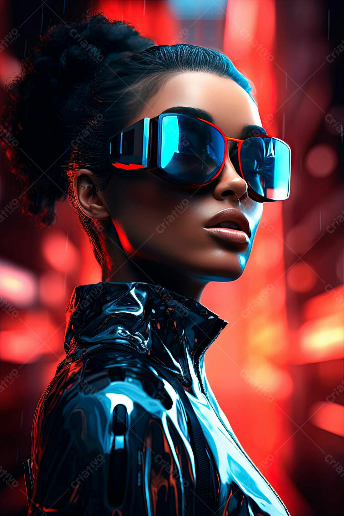 Modelo usando óculos futuristas em cenário vermelho