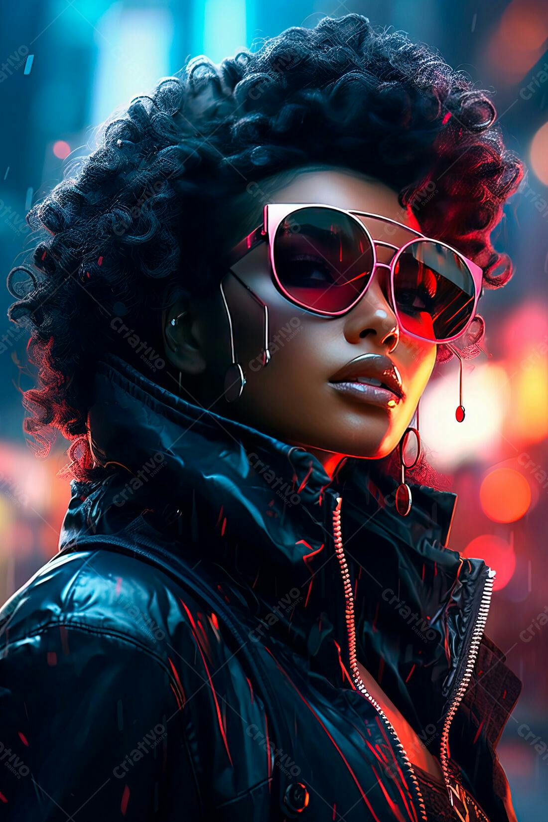 Mulher negra com óculos rosa em noite cyberpunk