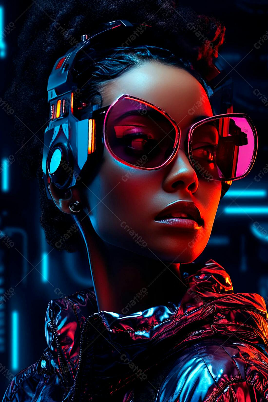 Modelo com óculos futuristas e headset