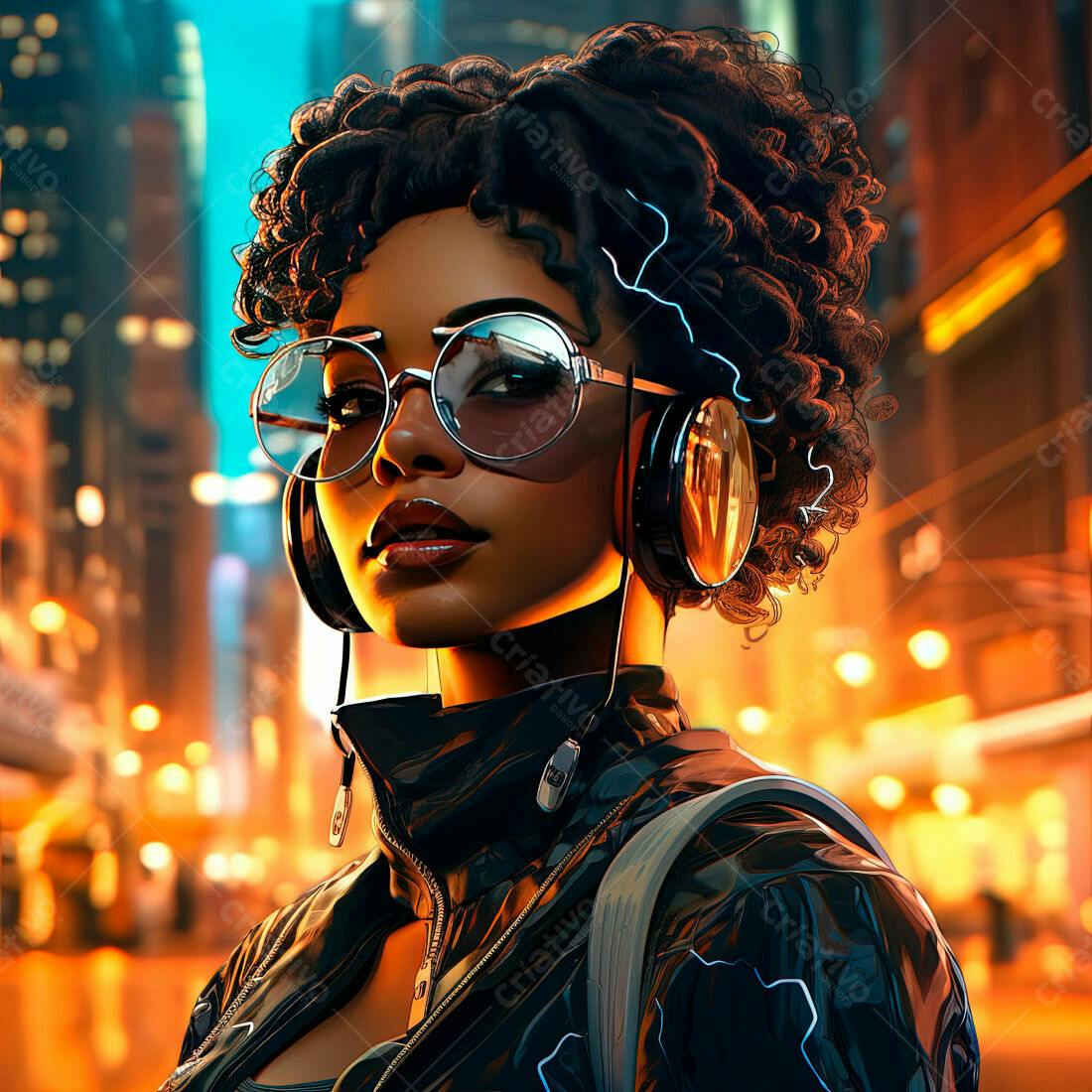 Mulher negra com fones escuta música em cidade noturna
