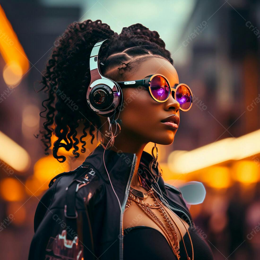 Mulher negra com fones e óculos escuros