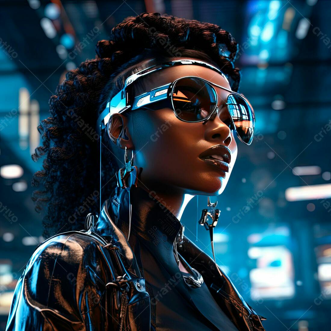 Modelo negra futurista com óculos escuros