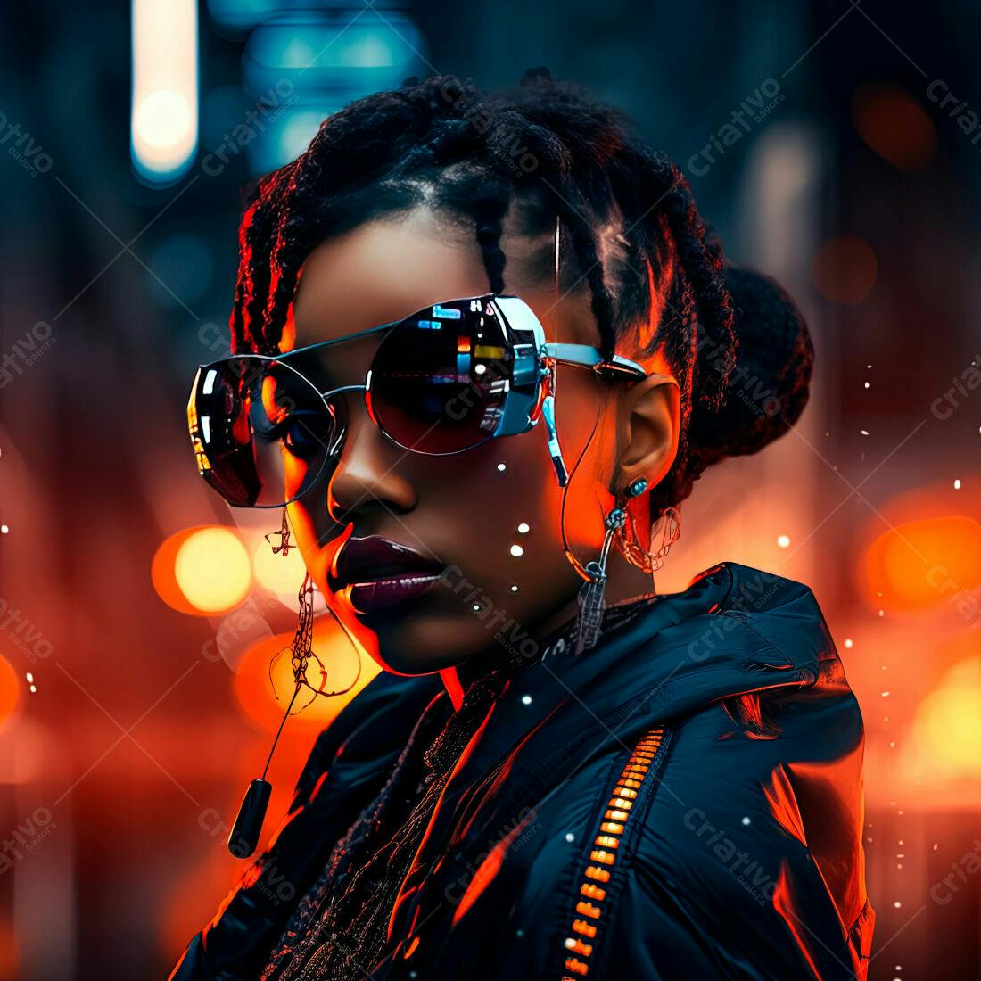 Mulher negra com óculos futuristas em cenário urbano noturno