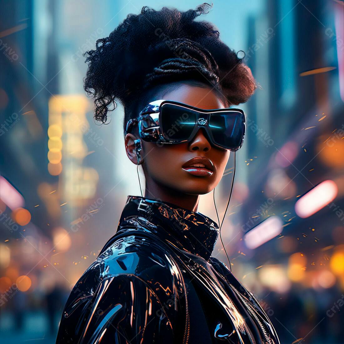 Modelo negra futurista em cidade noturna