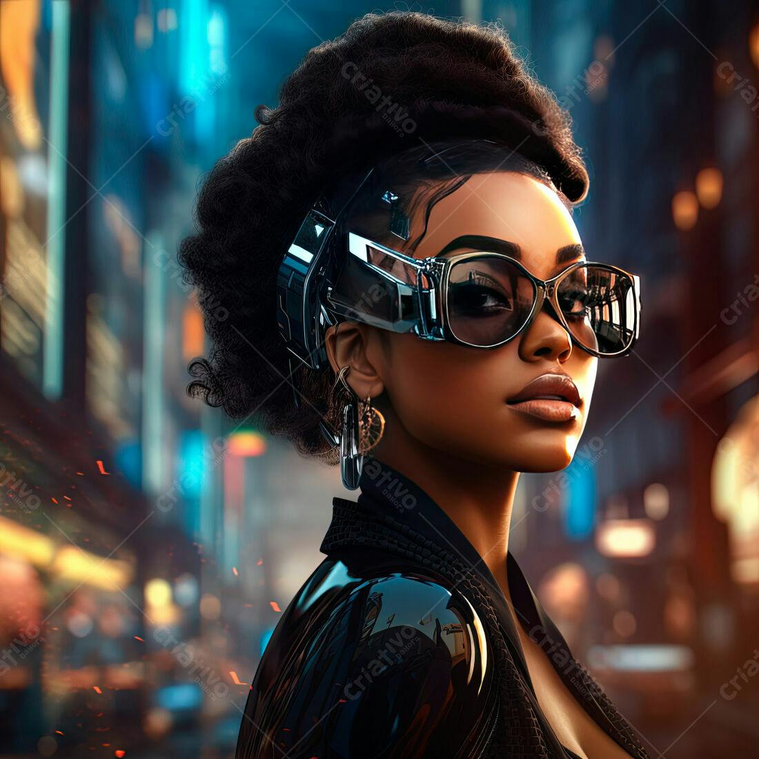Mulher negra futurista com óculos escuros