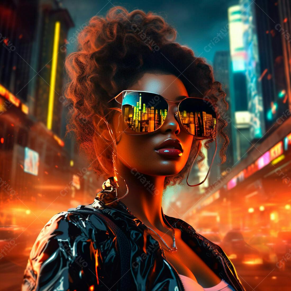 Mulher negra futurista em cidade noturna