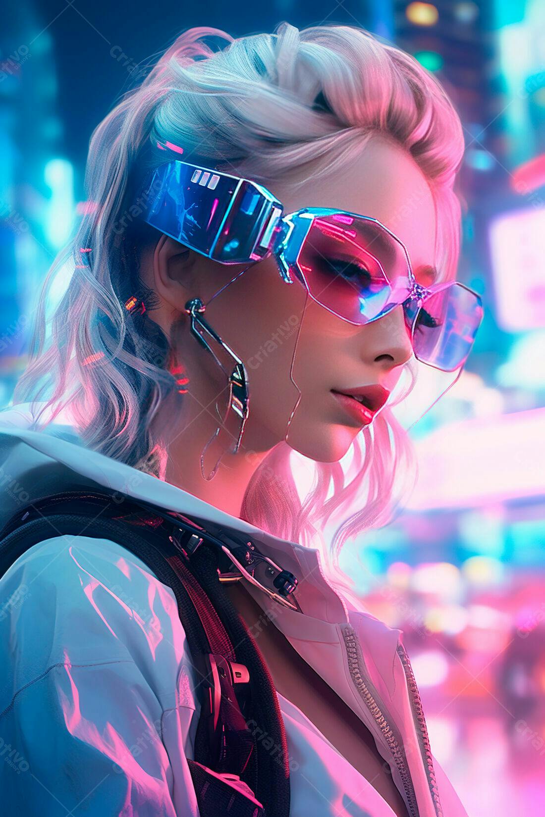 Cyberpunk Mulher Rosa e Azul Cidade Noturna
