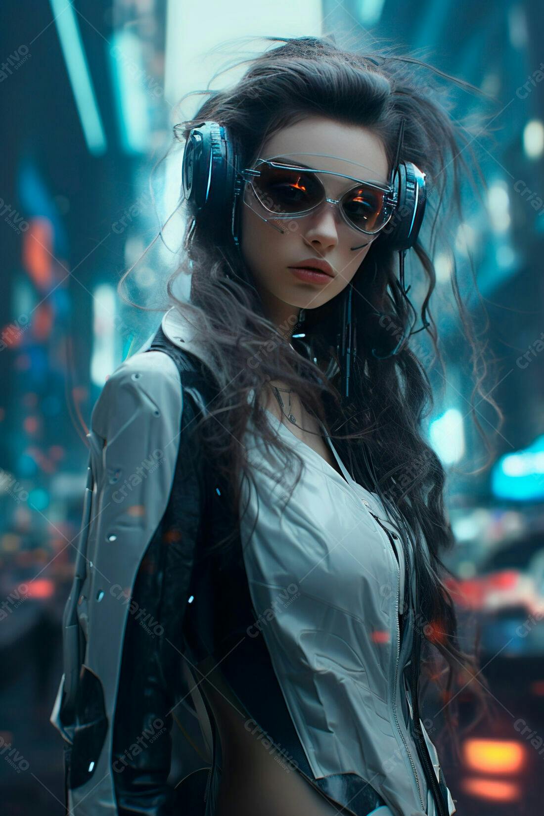 Mulher futurista em cidade noturna
