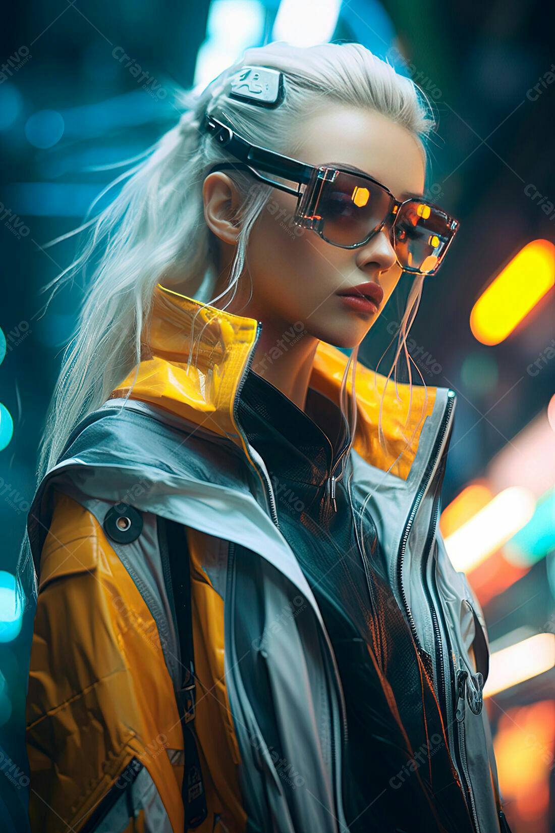 Mulher futurista com óculos escuros em ambiente cyberpunk
