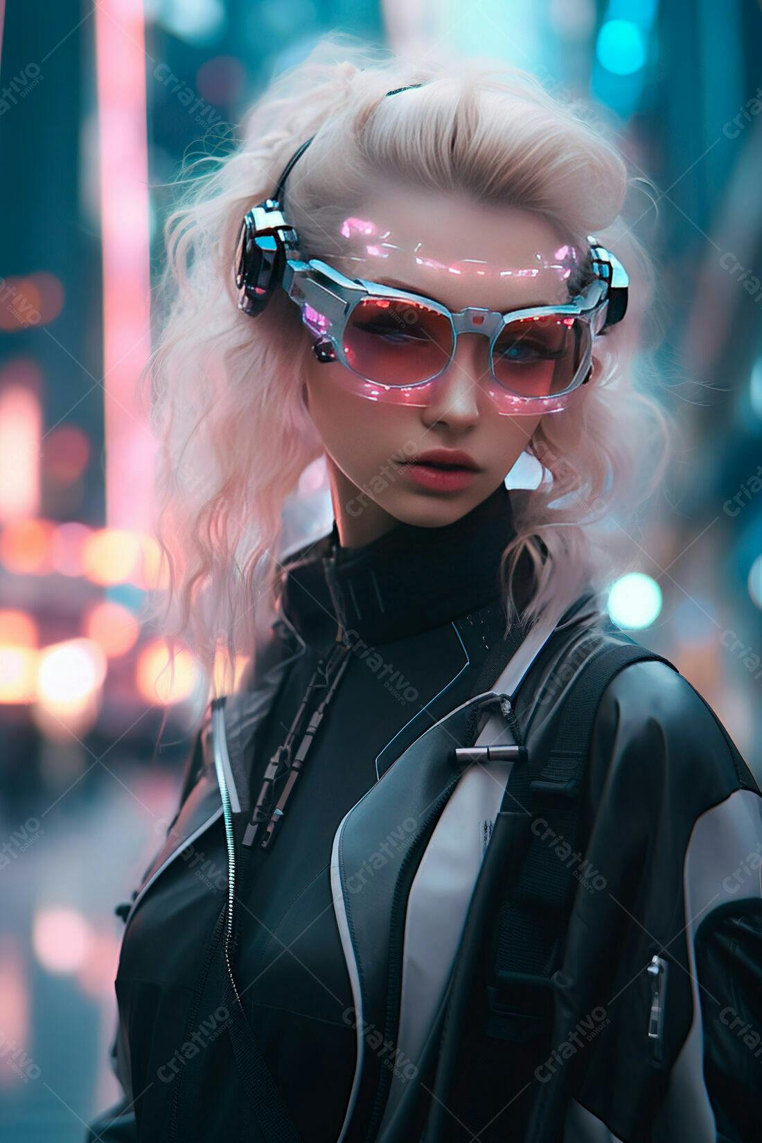 Modelo futurista com óculos rosa em cidade noturna