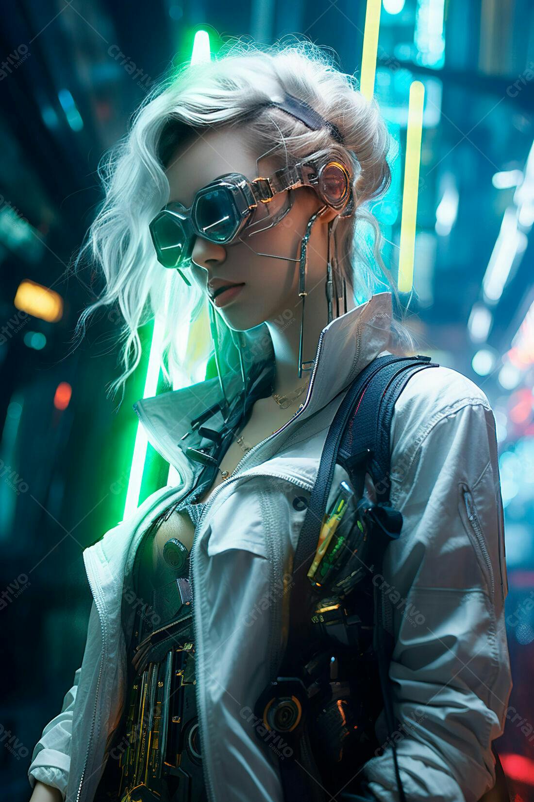 Cyberpunk Mulher futurista com óculos neon