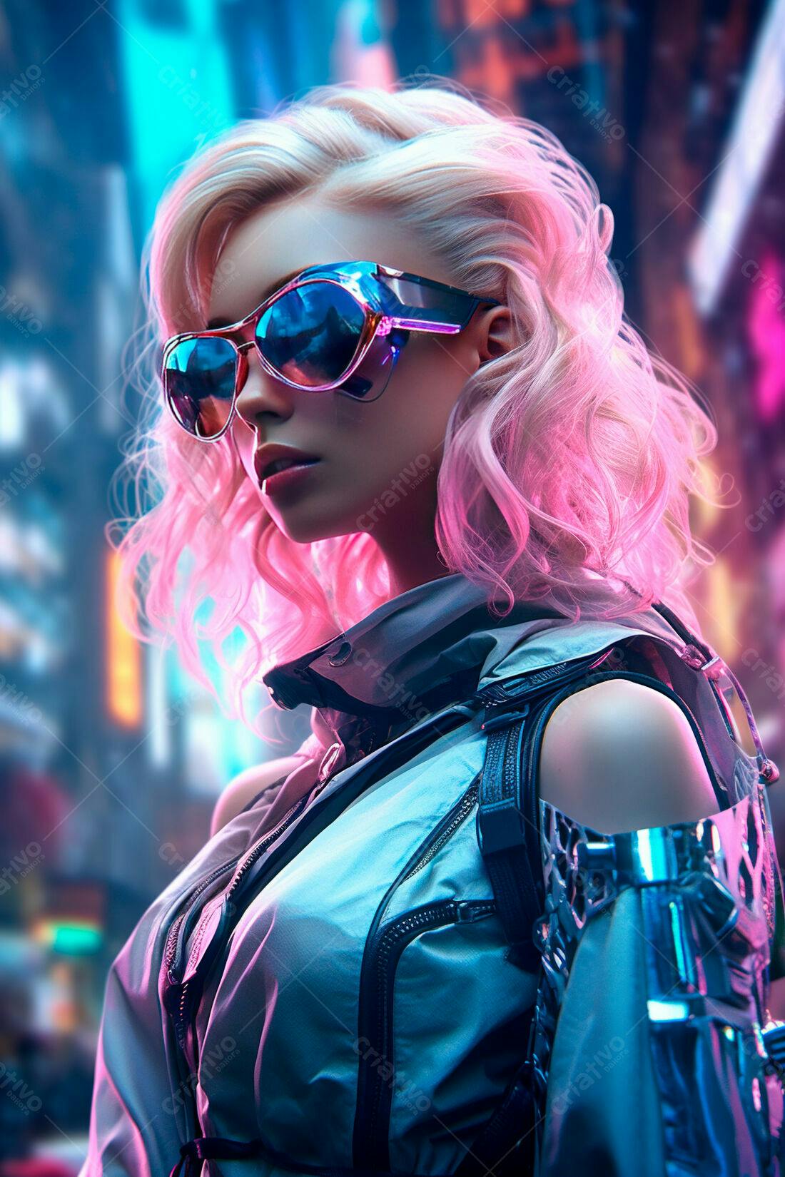 Mulher futurista com óculos estilo cyberpunk