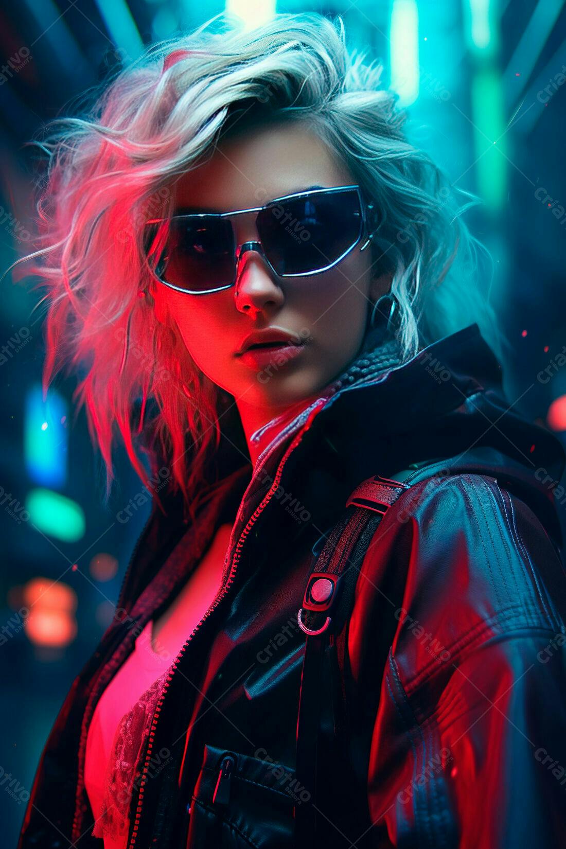Modelo usando jaqueta de couro em ambiente cyberpunk