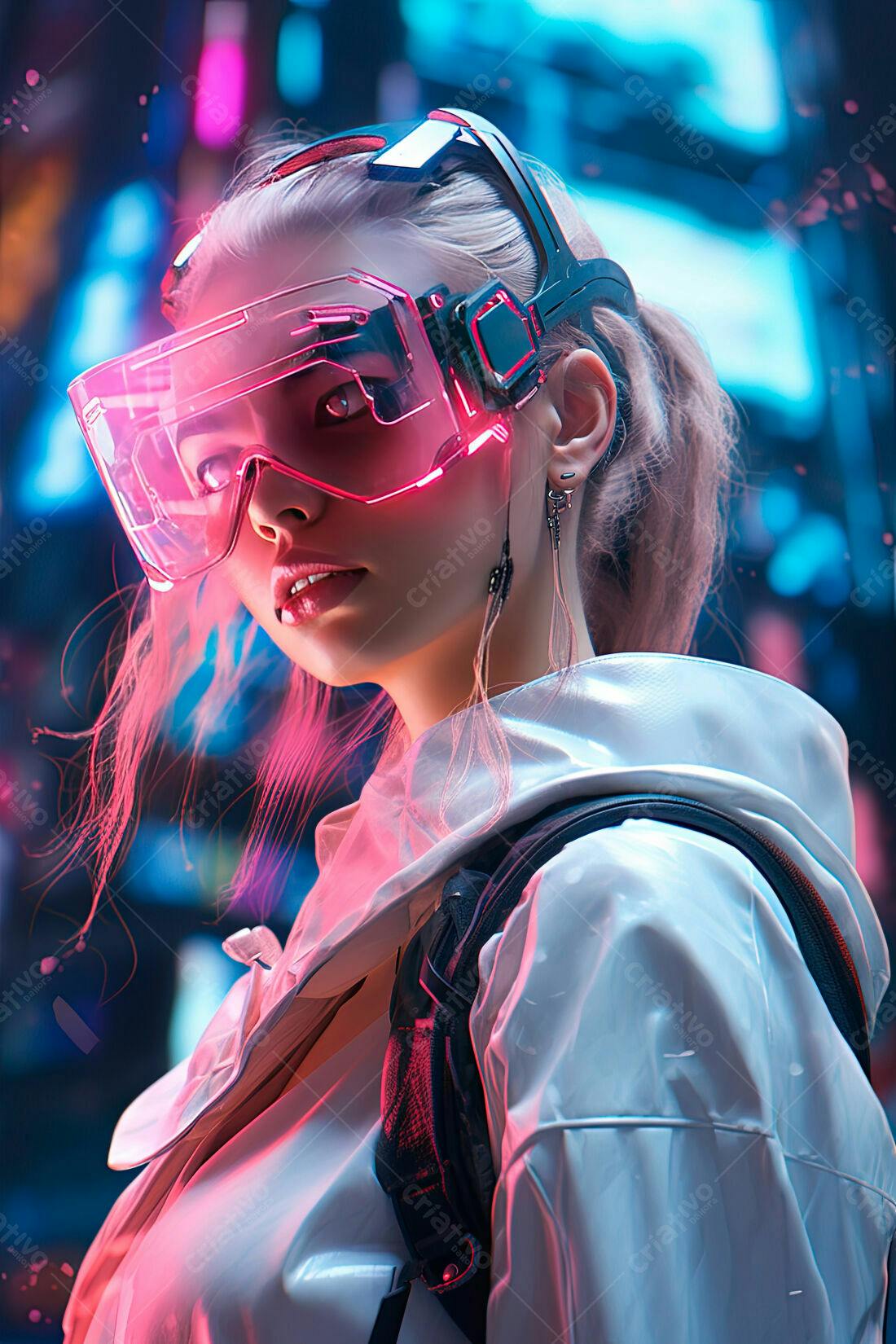 Cyberpunk Mulher com Óculos futuristas em cidade noturna