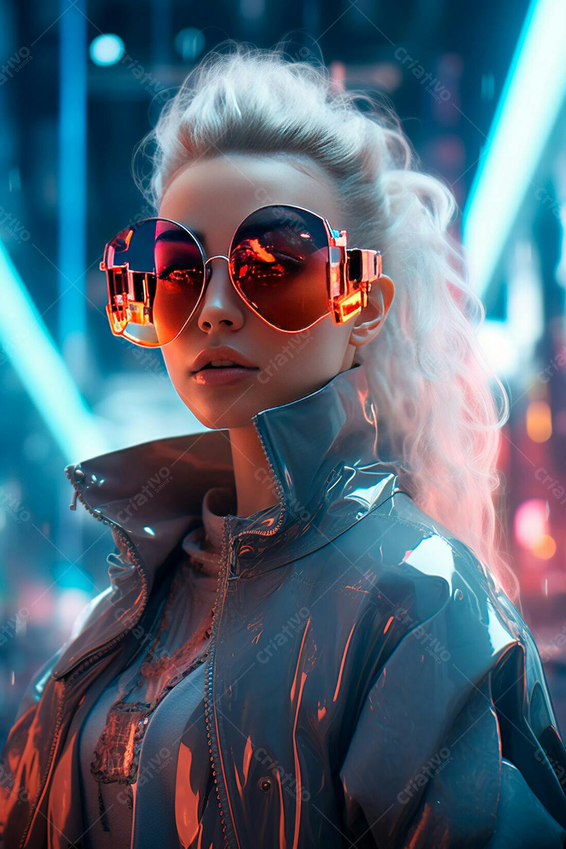 Modelo com óculos futuristas em cenário cyberpunk
