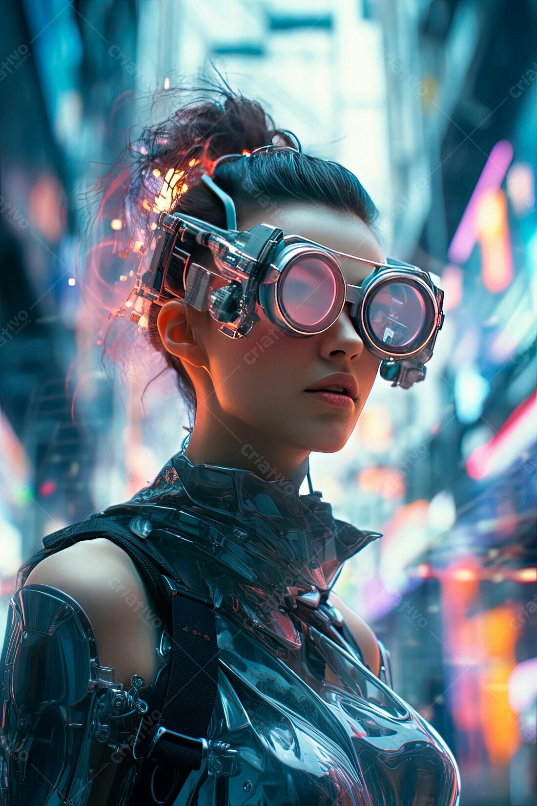 Cyberpunk Mulher com Óculos futuristas em Cidade Neon