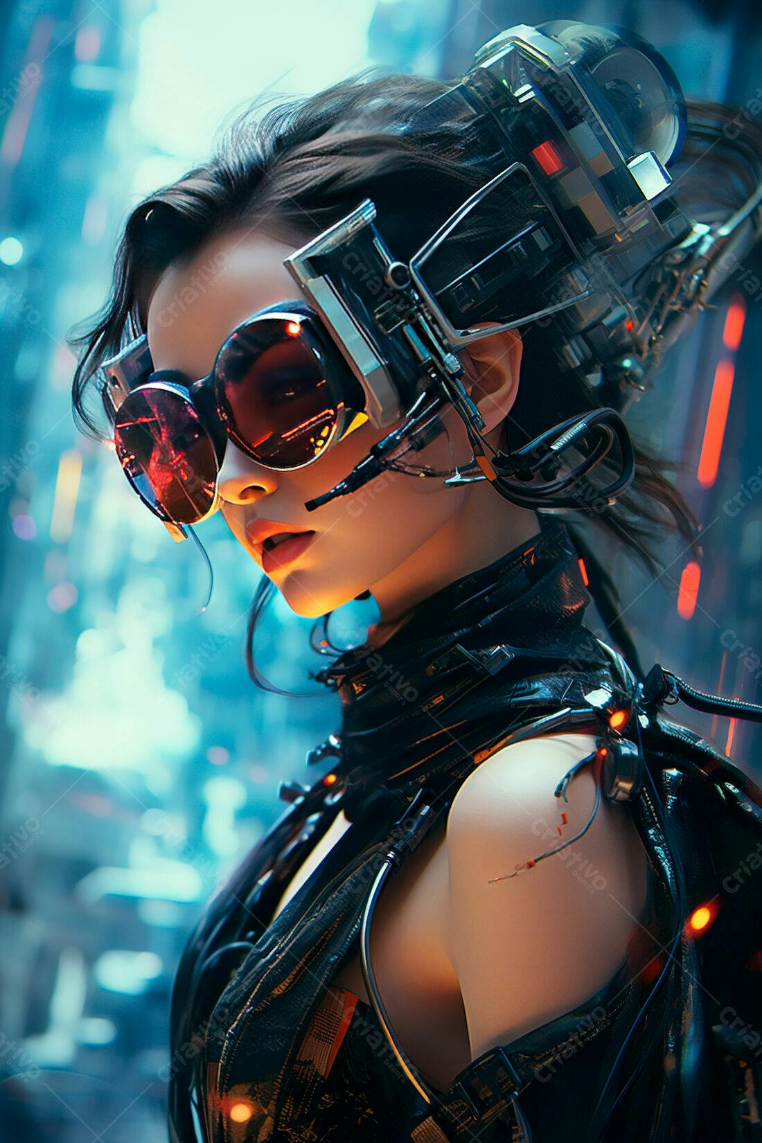 Mulher ciborgue futurista com óculos escuros