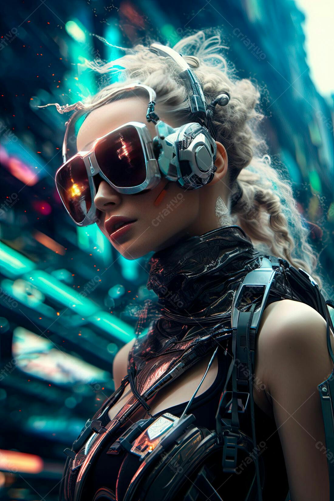 Cyberpunk Mulher futurista em cidade noturna