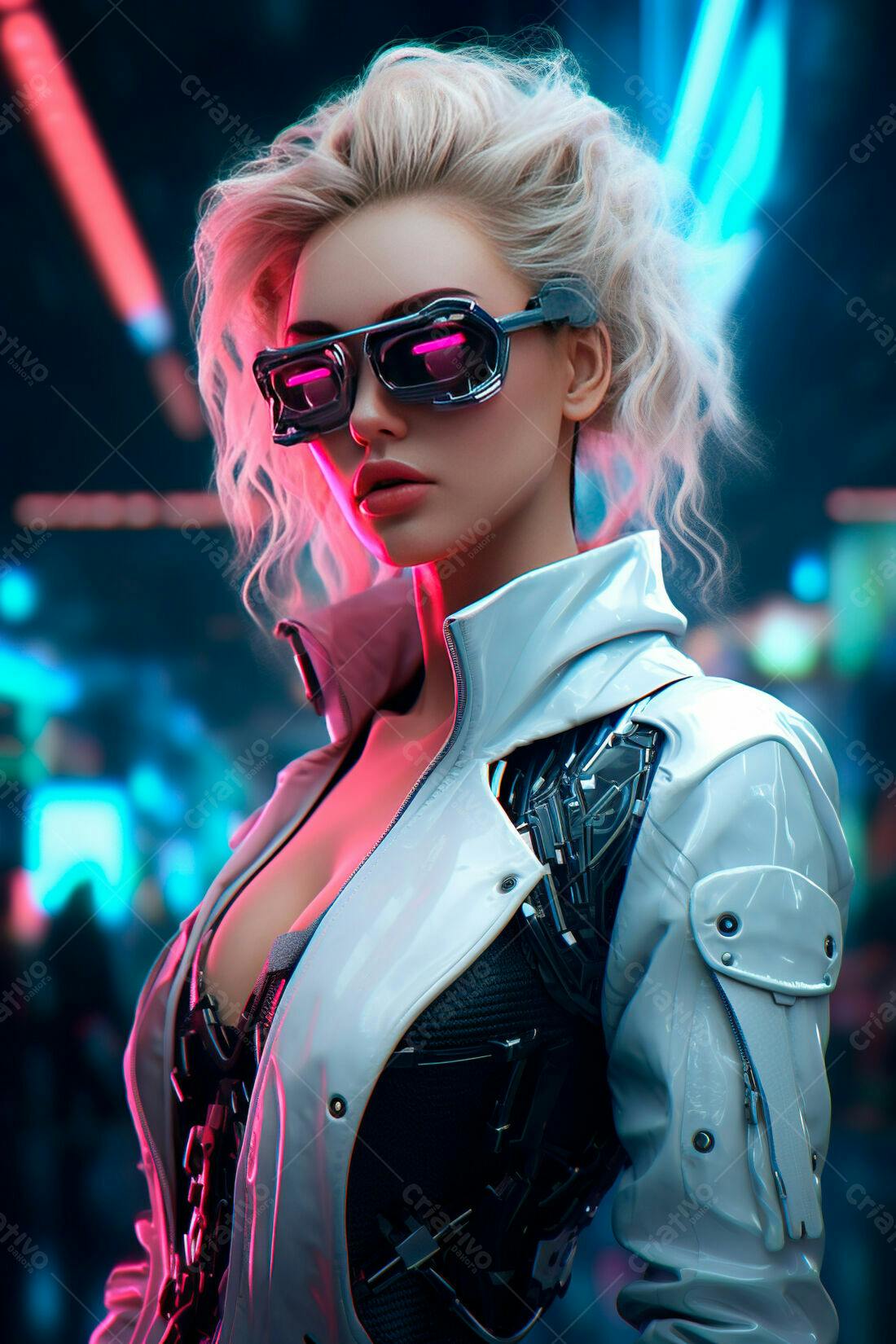 Mulher futurista com óculos neon em cenário cyberpunk