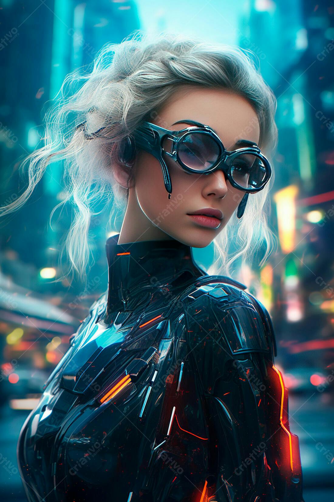 Mulher futurista com óculos escuros em cidade noturna