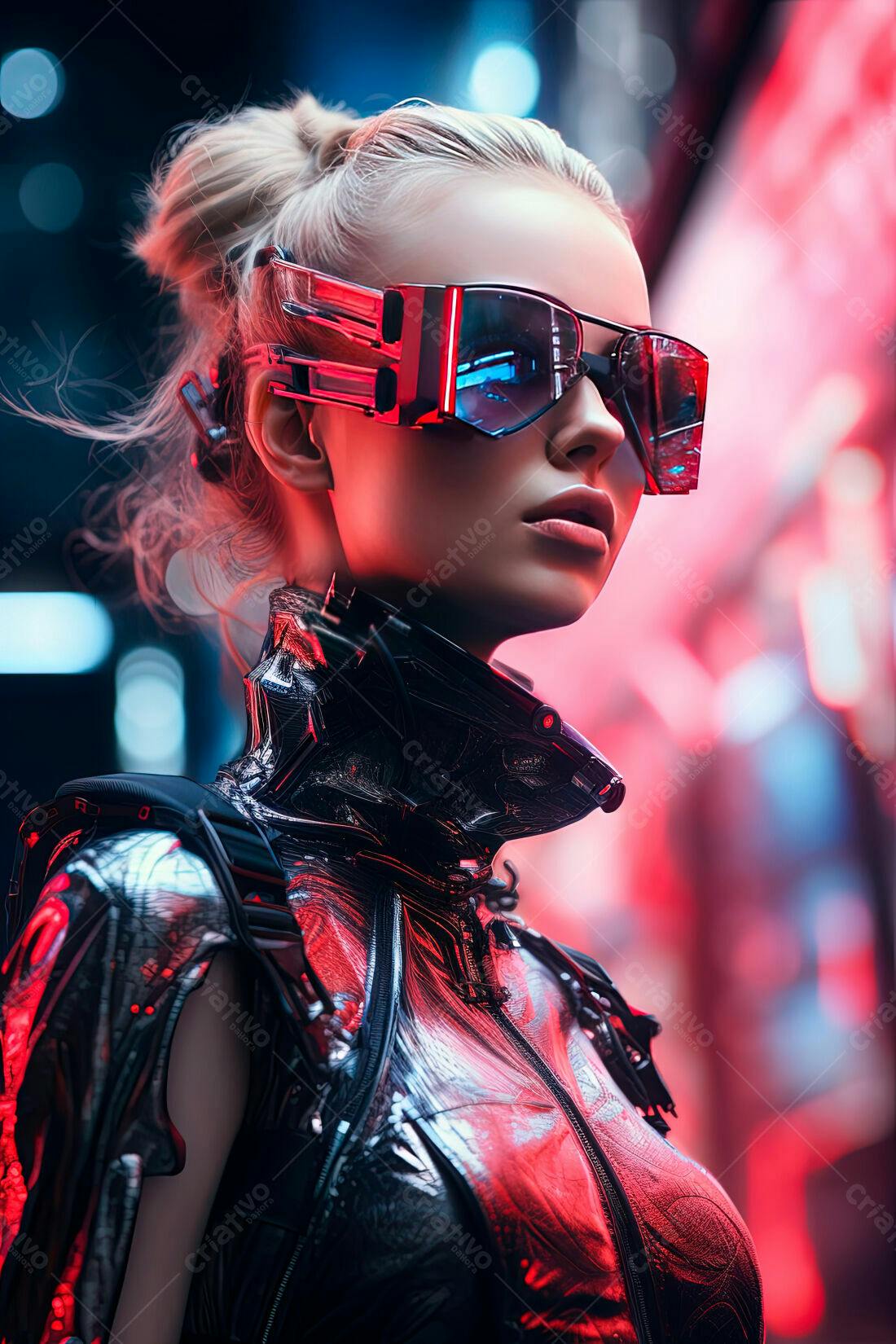 Mulher futurista com óculos tecnológicos em ambiente cyberpunk