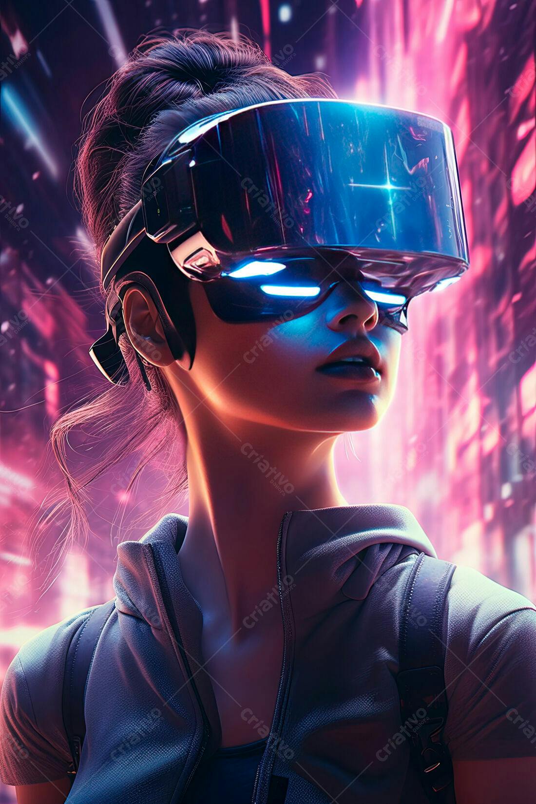 Mulher usando óculos de realidade virtual futurista