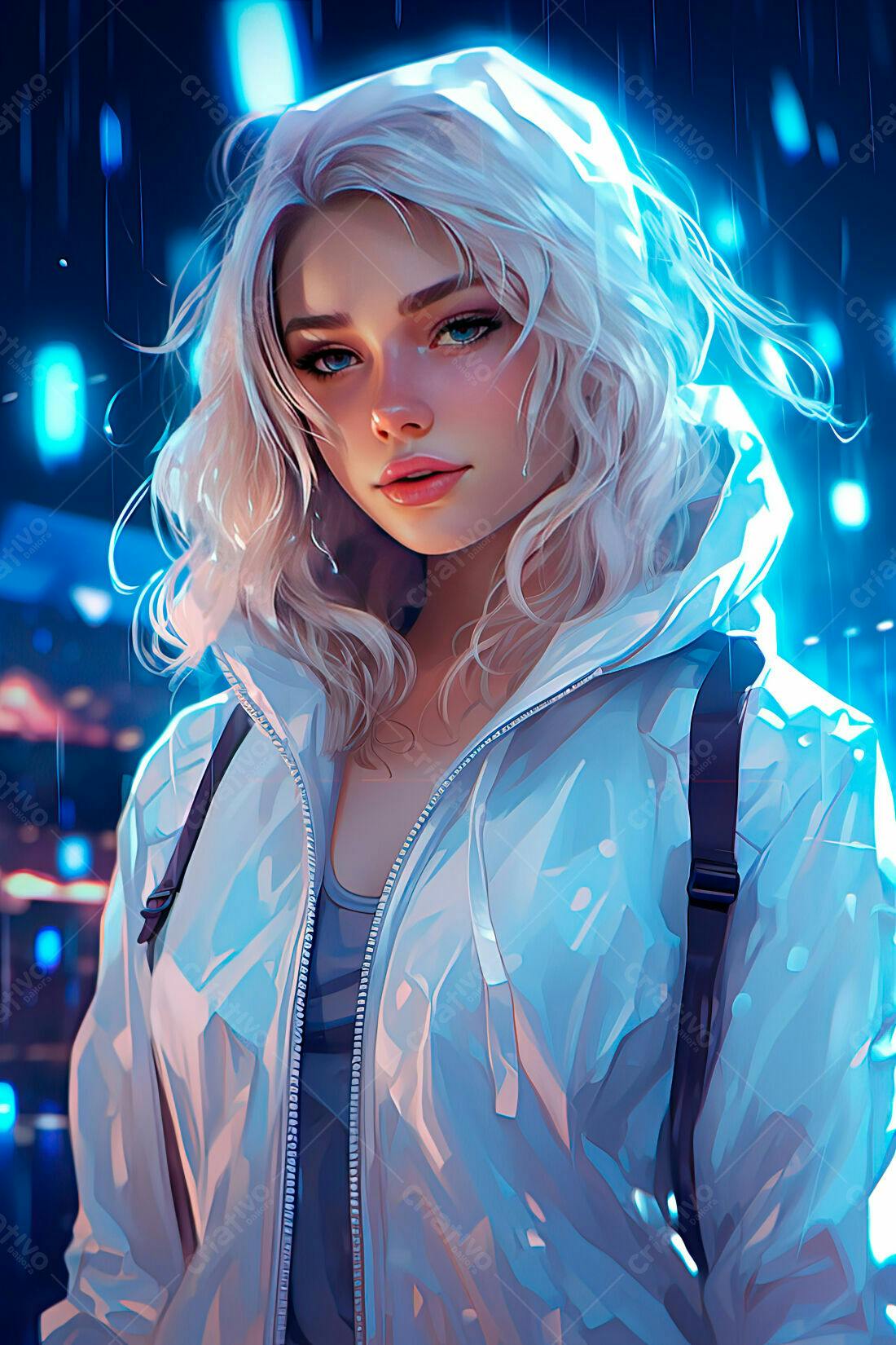 Mulher jovem chuva jaqueta branca noite