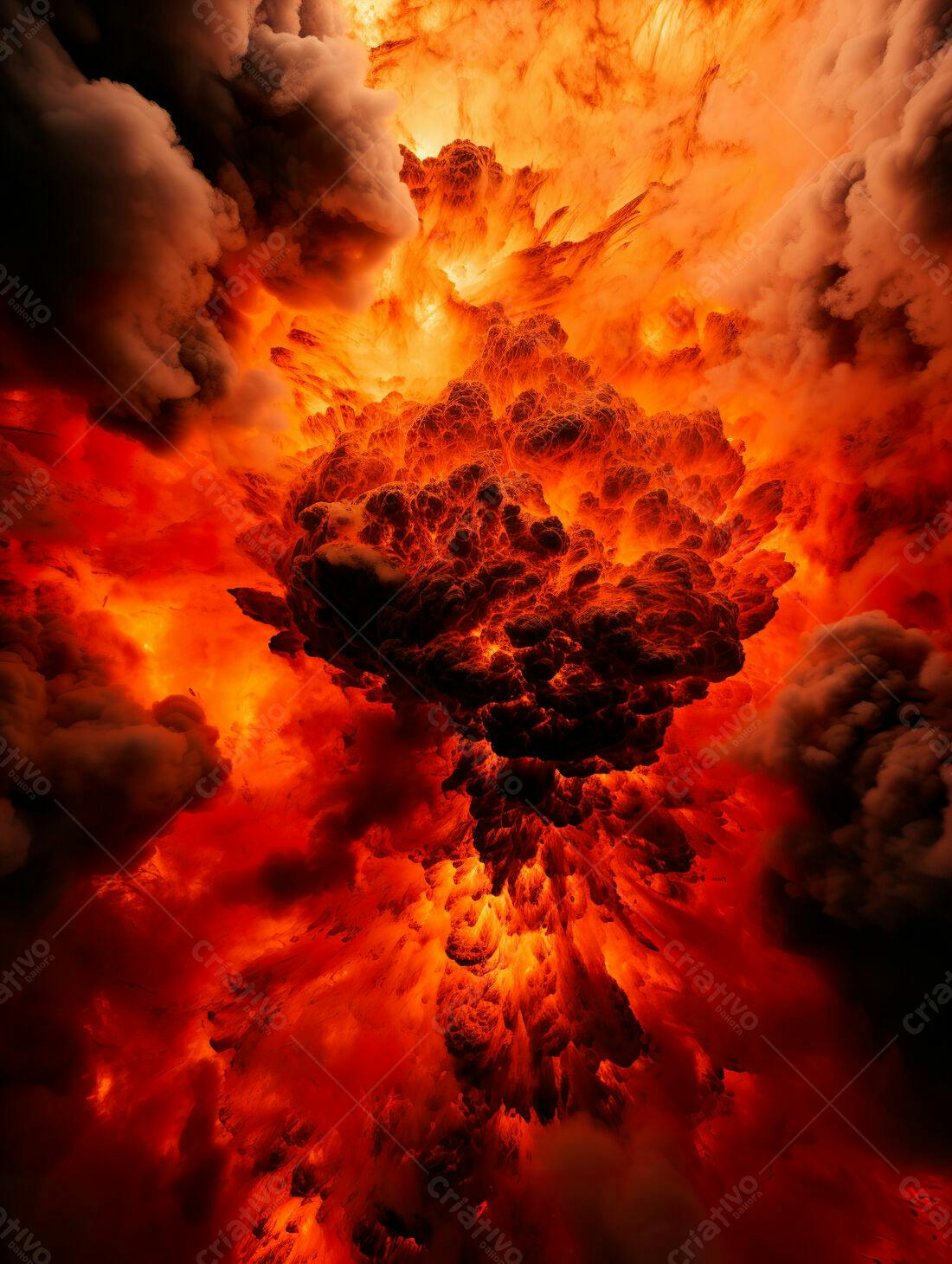 Explosão vulcânica em tons de laranja e vermelho