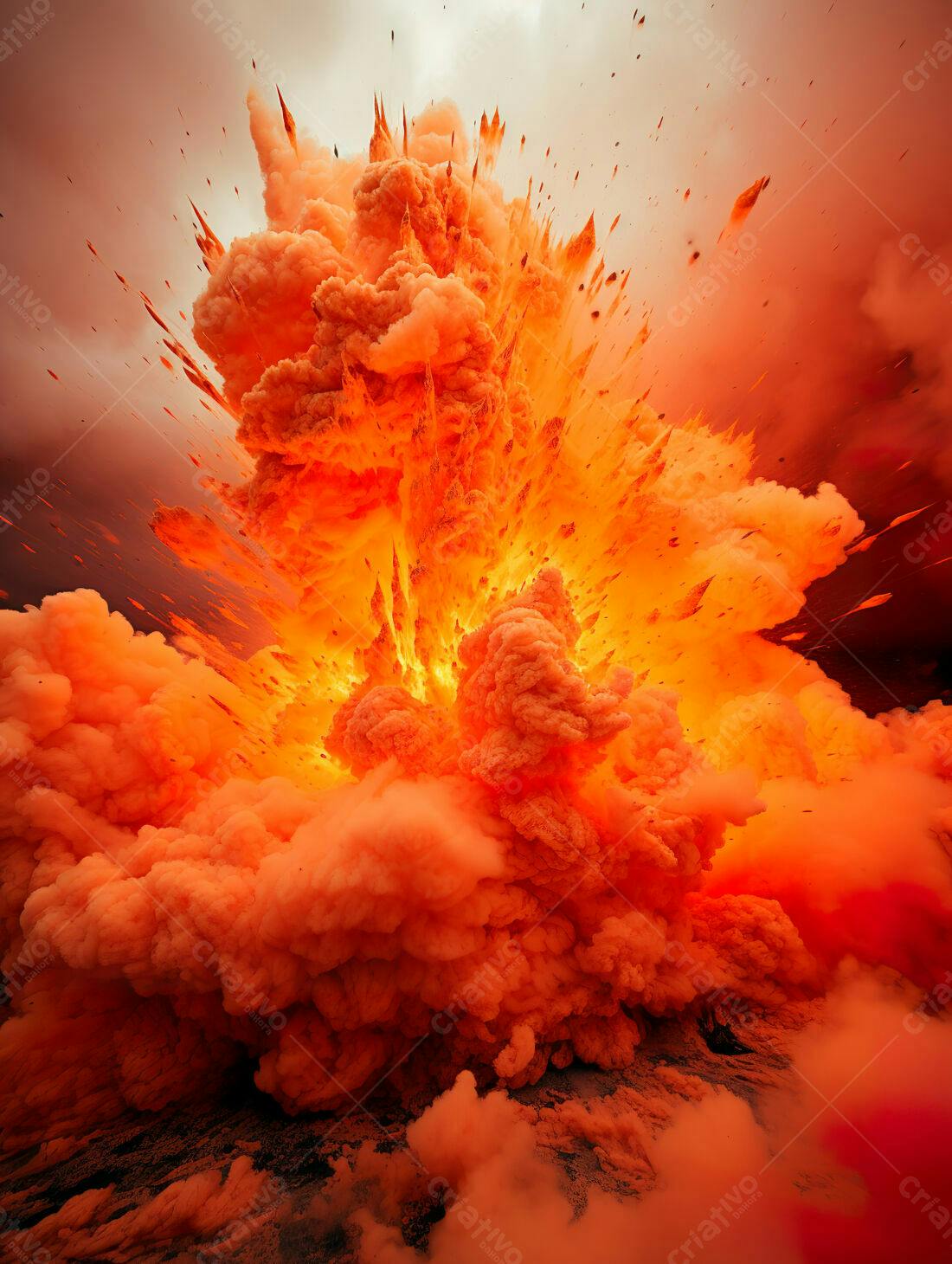 Erupção vulcânica intensa tons laranja