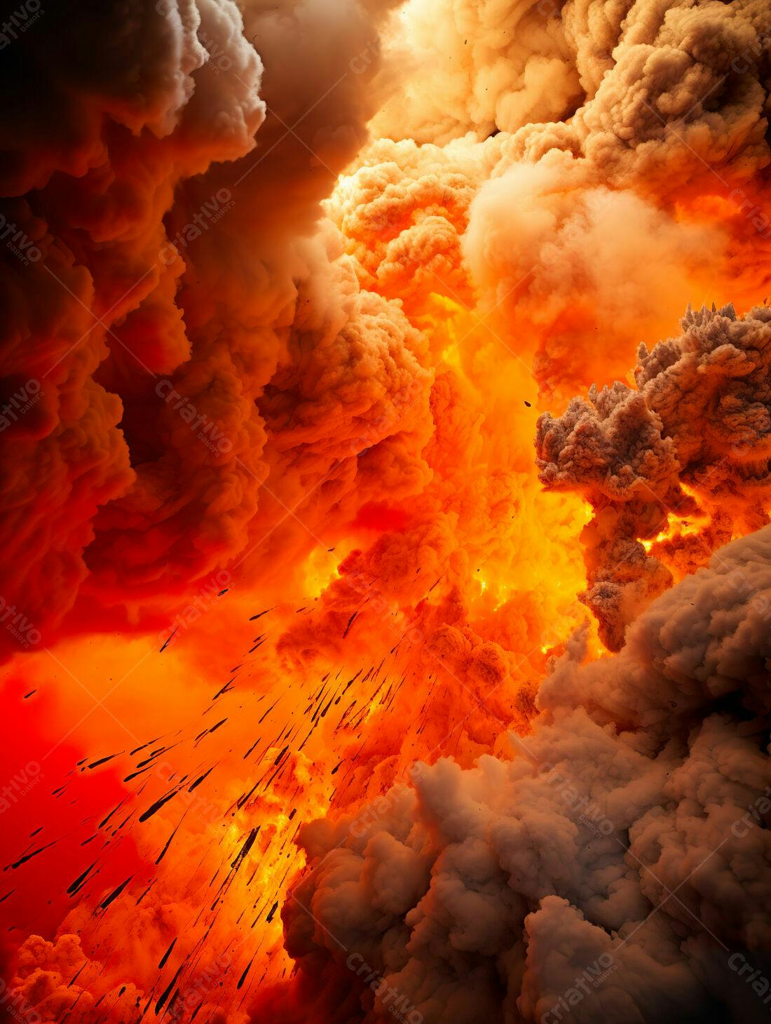 Erupção vulcânica intensa com lava e fumaça